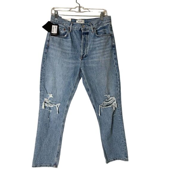 Agolde Riley High Rise Straight Crop Jeans Sz 28 Button Fly Light Blue Denim NWT - Picture 1 of 10